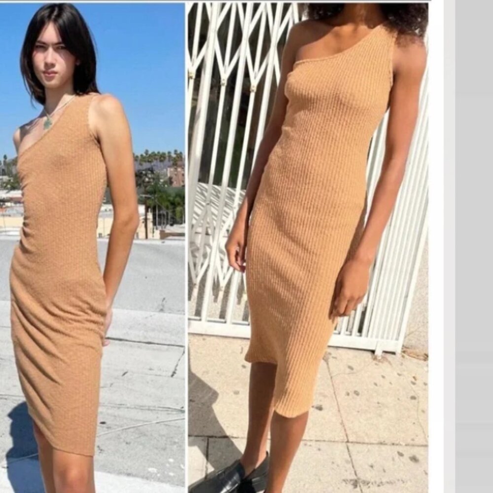 Lisa Says Gah Paola One Shoulder Ribbed Knit Bodycon Midi Dress M